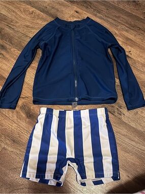 Kids Navy Rash Guard Set with Blue & White Striped Swim Shorts